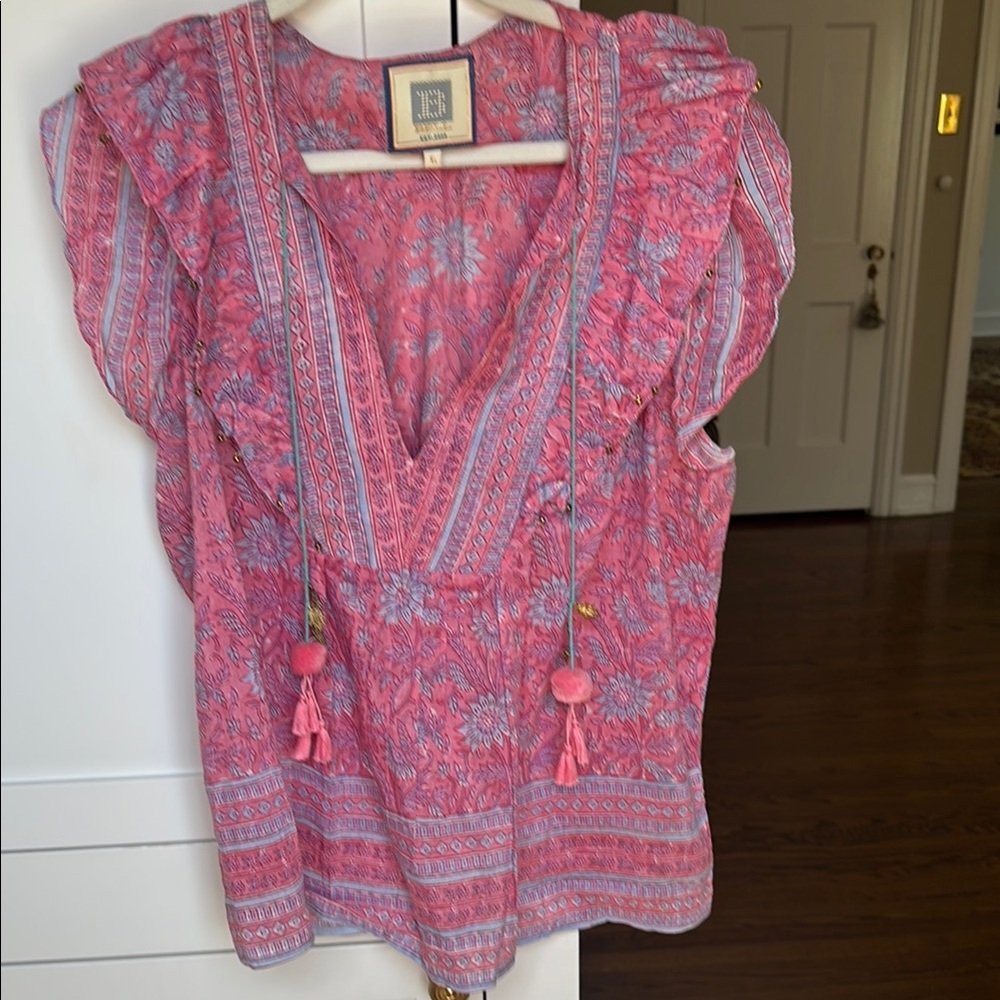 HUNTER BELL Pink and Blue Flutter Sleeve Ruffled Blouse